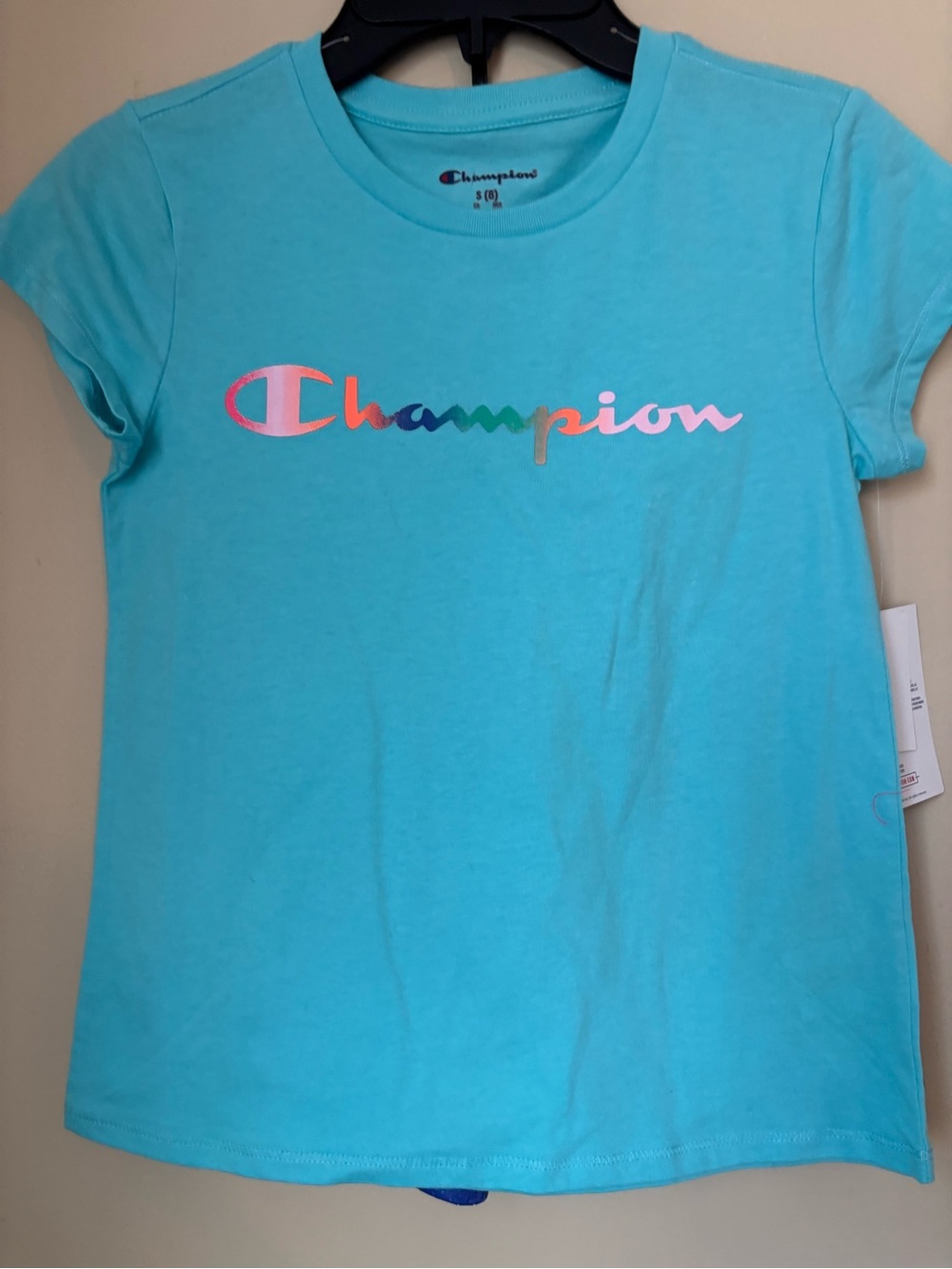 Champion Turquoise Short-Sleeve Tee with Rainbow Logo